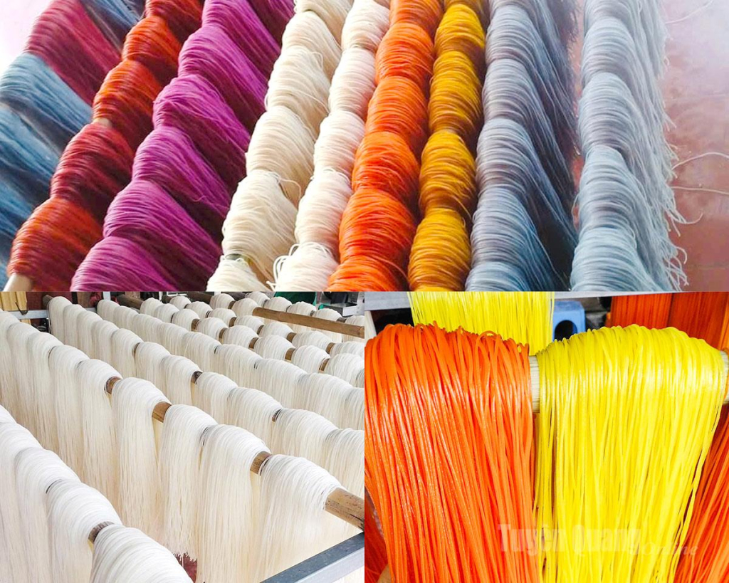 For the colored varieties, natural ingredients are boiled to extract their essence and mixed with rice flour to create vibrant hues: orange from gac fruit, purple from magenta leaves, yellow from turmeric, etc. 
