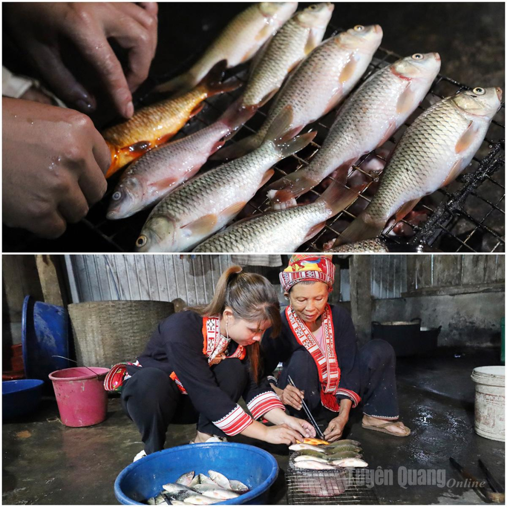 The fish are cleaned, seasoned with mac khen and salt, then grilled over charcoal until golden and aromatic.