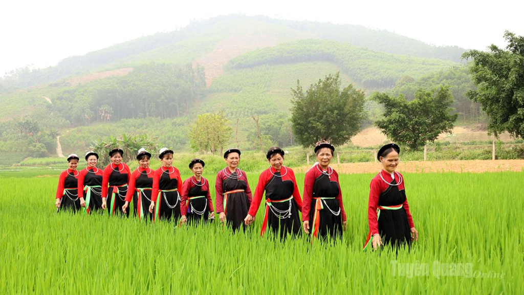 Trong sắc xanh của núi đồi và đồng ruộng, người dân Cao Lan trong trang phục truyền thống tạo nên nét đẹp bình yên, đậm bản sắc ở thôn Trại Xoan.