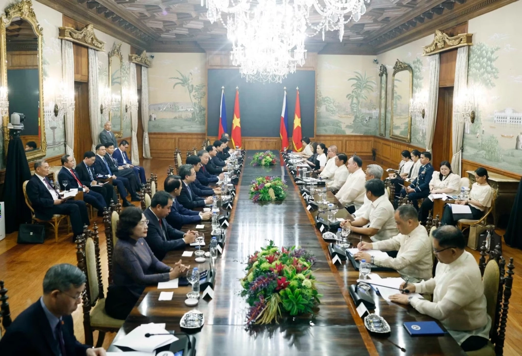 Tổng Bí thư, Chủ tịch nước Tô Lâm và Tổng thống Philippines Ferdinand Romualdez Marcos Jr. hội đàm cấp Nhà nước. (Ảnh: TTXVN)