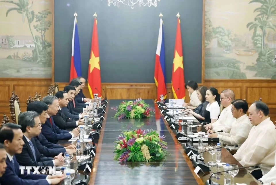 Tổng Bí thư, Chủ tịch nước Tô Lâm và Tổng thống Philippines Ferdinand Romualdez Marcos Jr. hội đàm cấp Nhà nước. (Ảnh: TTXVN)
