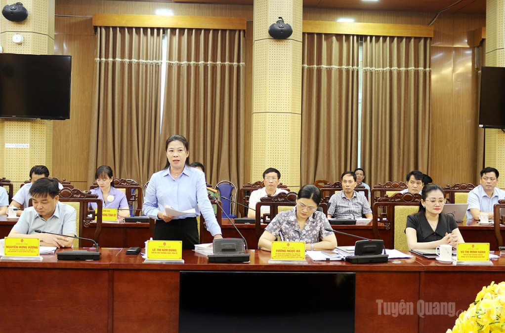 Đồng chí Lê Thị Kim Dung, Phó Bí thư Thường trực Tỉnh ủy, Trưởng Đoàn đại biểu Quốc hội khóa XVI tỉnh Tuyên Quang phát biểu tại buổi làm việc.