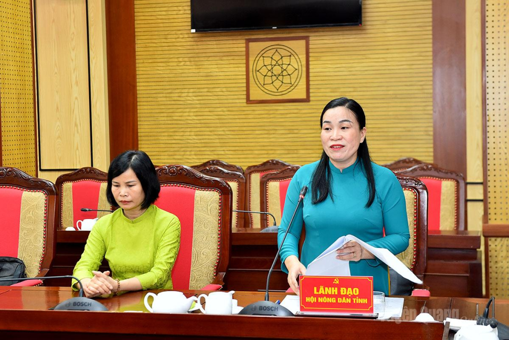 Đồng chí Chu Thị Ngọc Diệp, Chủ tịch Hội Nông dân tỉnh báo cáo tại gặp mặt.