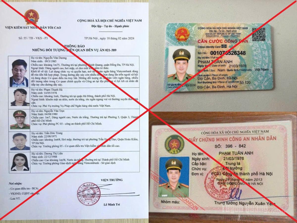 Thông báo những đối tượng liên quan đến vụ án 021-389, Giấy chứng minh Công an nhân dân và thẻ Căn cước  mang tên Phạm Tuấn Anh đối tượng xấu đã gửi cho chị P.M.T. để tạo lòng tin.