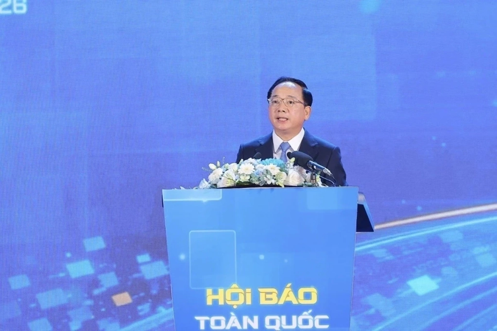 Đồng chí Trịnh Văn Quyết, Ủy viên Bộ Chính trị, Bí thư Trung ương Đảng, Trưởng ban Tuyên giáo và Dân vận Trung ương phát biểu khai mạc tại Lễ Khai mạc Hội Báo toàn quốc năm 2026. (Ảnh: TTXVN)