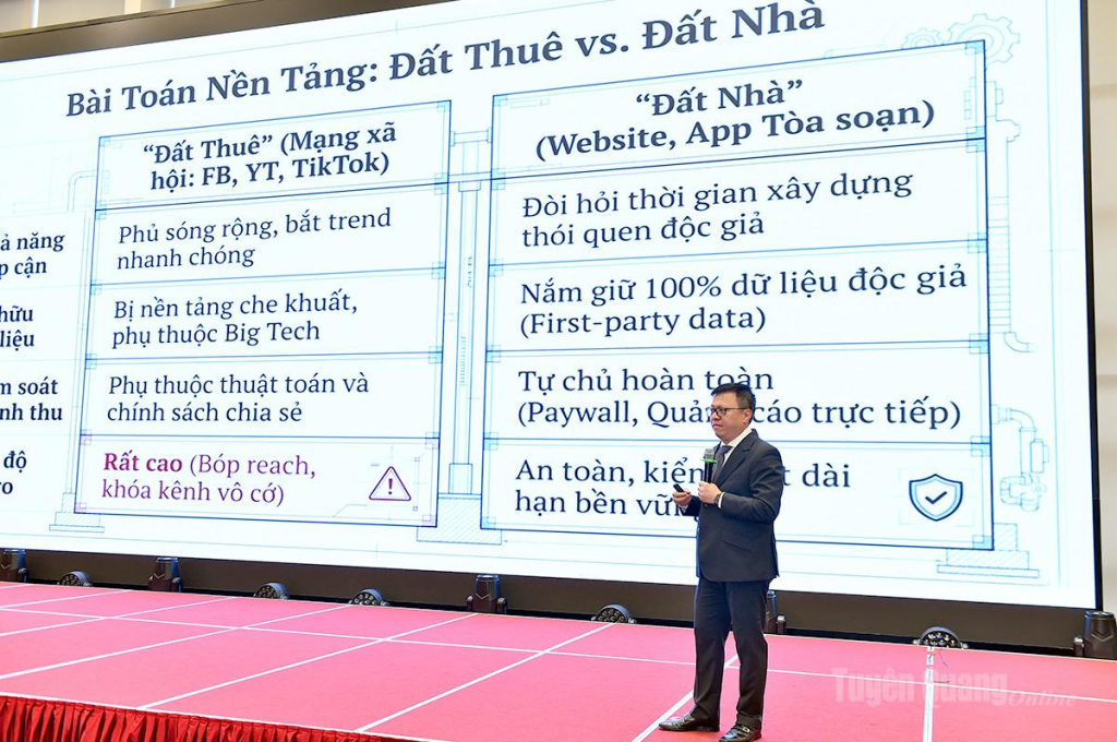 Đồng chí Lê Quốc Minh, Tổng Biên tập Báo Nhân dân, Chủ tịch Hội Nhà báo Việt Nam trình bày tham luận về AI, chuyển đổi số đối với báo chí tại diễn đàn.