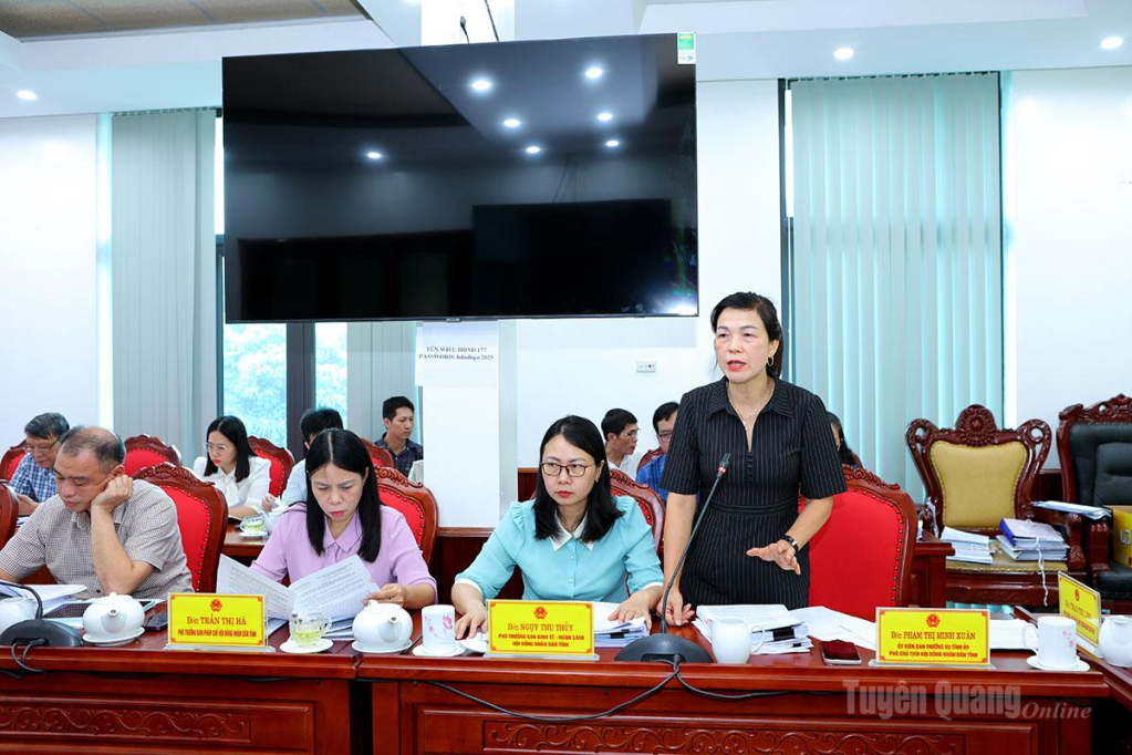 Đồng chí Phạm Thị Minh Xuân, Uỷ viên Ban Thường vụ Tỉnh uỷ, Phó Chủ tịch HĐND tỉnh phát biểu ý kiến.