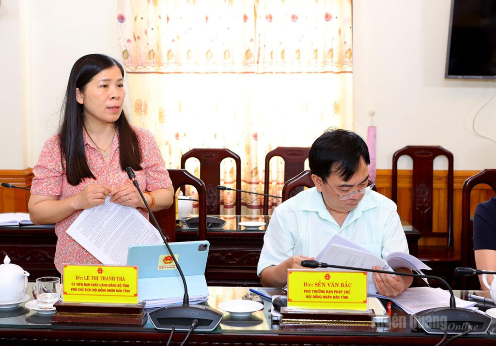 Đồng chí Lê Thị Thanh Trà, Uỷ viên BCH Đảng bộ tỉnh, Phó Chủ tịch HĐND tỉnh phát biểu ý kiến.
