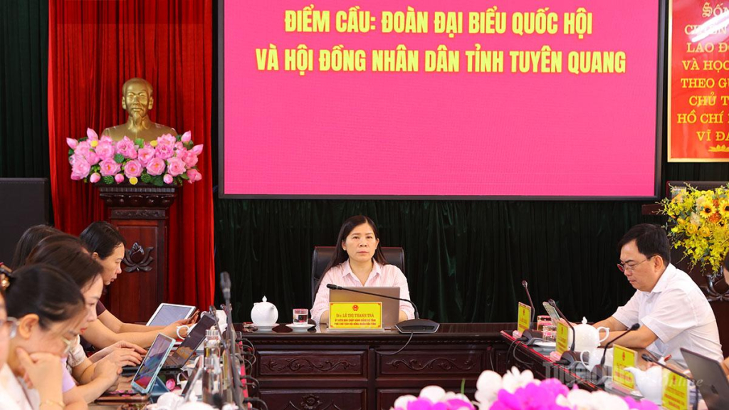Đồng chí Lê Thị Thanh Trà, Uỷ viên BCH Đảng bộ tỉnh, Phó Chủ tịch HĐND tỉnh chủ trì hội nghị tại điểm cầu tỉnh.