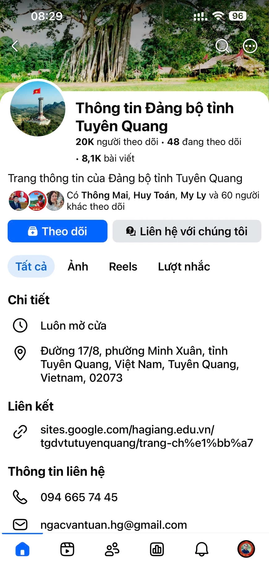 Giao diện Fanpage Thông tin Đảng bộ tỉnh Tuyên Quang trên mobile.
