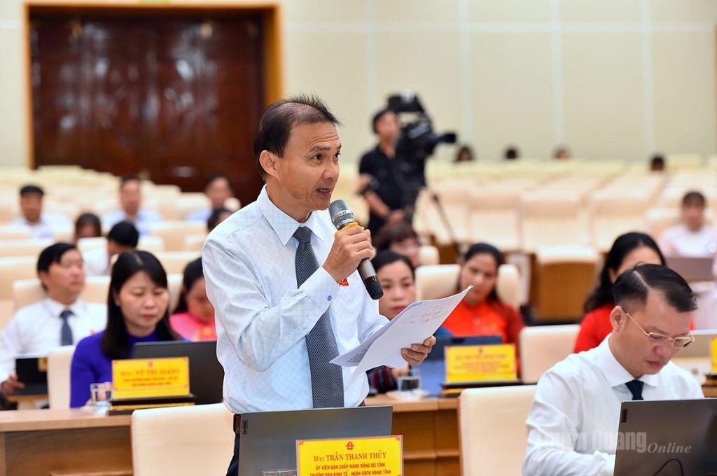 Đại biểu Trần Thanh Thủy, Trưởng Ban Kinh tế - Ngân sách HĐND tỉnh đặt câu hỏi chất vấn lânh đạo Sở Nông nghiệp và Môi trường.