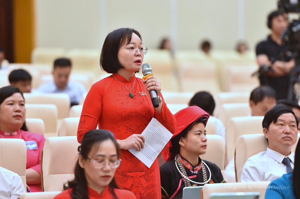 Đại biểu Nguyễn Thanh Thủy, Phó trưởng phòng Công tác Quốc hội - Văn phòng Đoàn ĐBQH và HĐND tỉnh phát biểu chất vấn lãnh đạo Sở Giáo dục và Đào tạo.