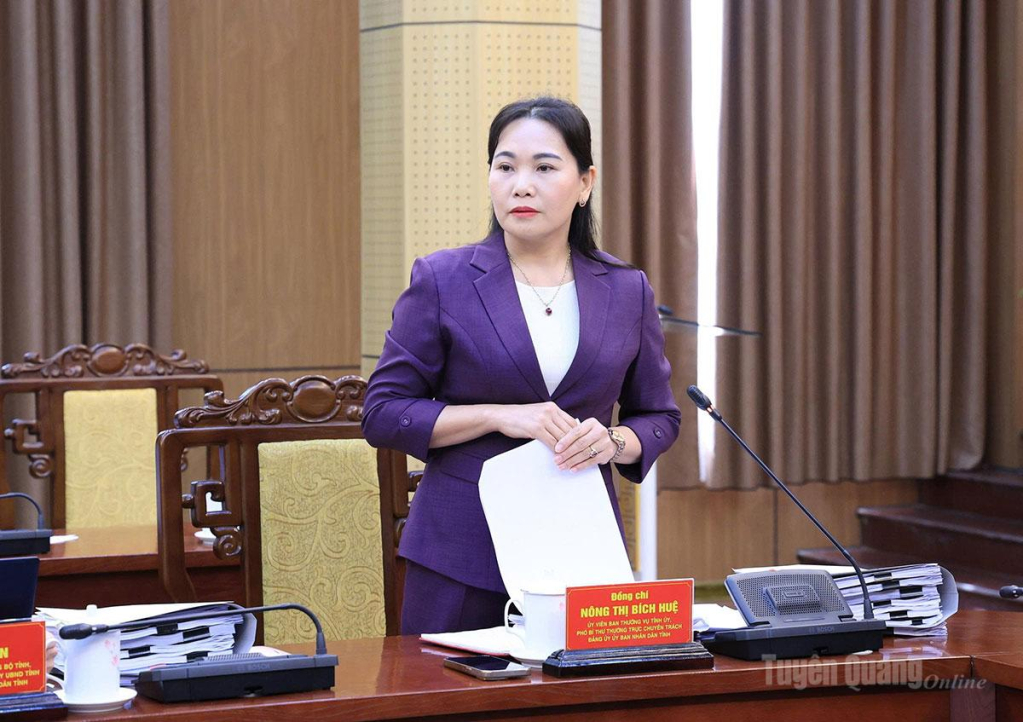 Đồng chí Nông Thị Bích Huệ, Ủy viên Ban Thường vụ Tỉnh ủy, Phó Bí thư Thường trực chuyên trách Đảng ủy UBND tỉnh điều hành nội dung thảo luận tại Hội nghị.