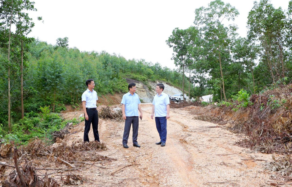 Đồng chí Trần Quang Minh, Uỷ viên Ban Thường vụ Tỉnh uỷ, Trưởng Ban Tổ chức Tỉnh ủy và lãnh đạo xã Trường Sinh kiểm tra tiến độ giải phóng mặt bằng tuyến đường trên địa bàn xã.