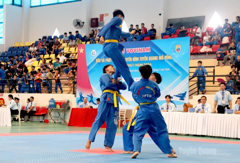 Tiết mục đa luyện tay không nam gây ấn tượng bởi kỹ thuật điêu luyện, sự phối hợp nhịp nhàng và tinh thần cương nhu đặc trưng của Vovinam - Việt Võ Đạo.