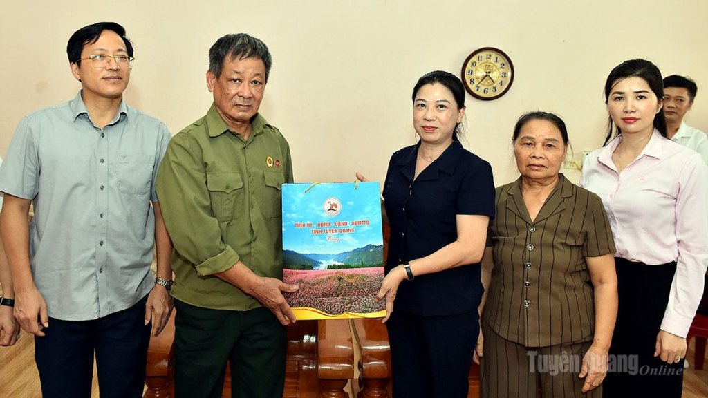 Đồng chí Lê Thị Kim Dung, Phó Bí thư Thường trực Tỉnh ủy tặng quà ông Nguyễn Tiến Thanh, thôn Phú Lương.