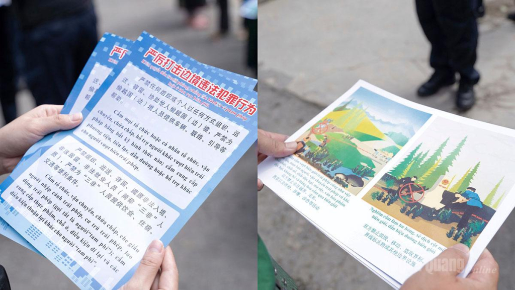 Tờ rơi tuyên truyền pháp luật bằng hai ngôn ngữ (Việt - Trung) về phòng, chống vi phạm pháp luật khu vực biên giới và bảo vệ cột mốc.