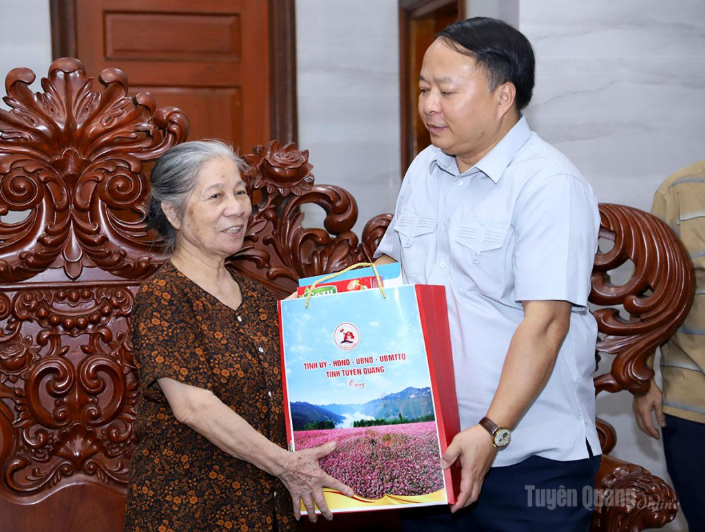 Chủ tịch UBND tỉnh Phan Huy Ngọc thăm, tặng quà bà Nguyễn Kim Tình, vợ liệt sĩ.