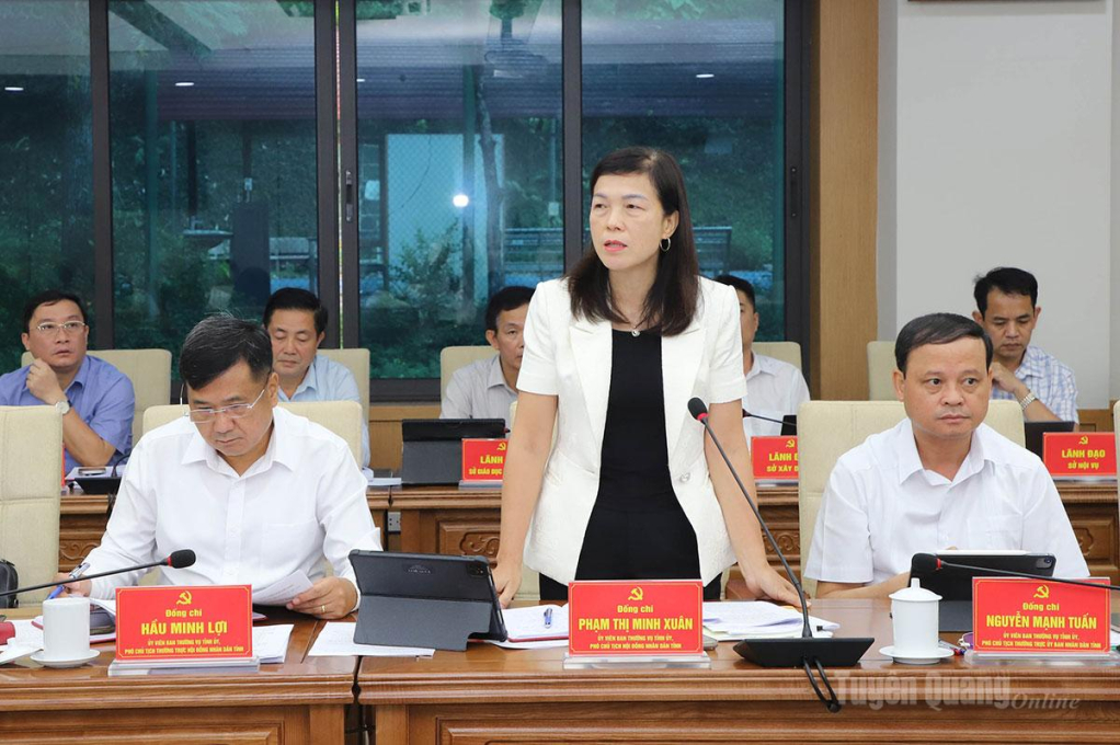 Phó Chủ tịch HĐND tỉnh Phạm Thị Minh Xuân thảo luận tại hội nghị.