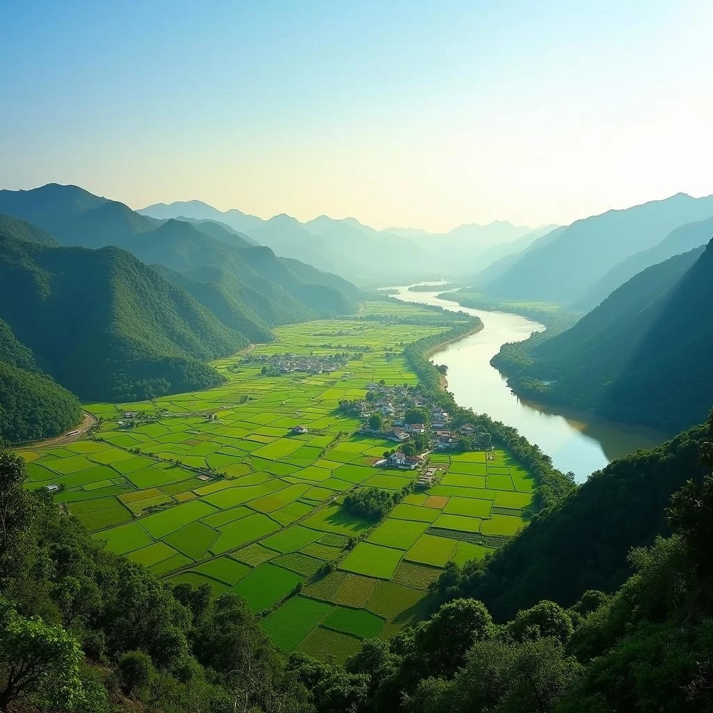 Toàn cảnh thung lũng xanh mướt và dòng sông Gâm hiền hòa tại xã Tân Quang, Tuyên Quang.
