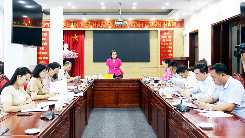 Đồng chí Hùng Thị Giang, Trưởng Ban Văn hóa - Xã hội HĐND tỉnh, Trưởng đoàn giám sát phát biểu tại cuộc họp.