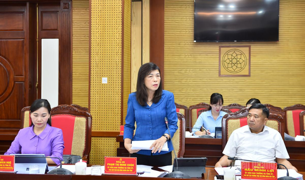 Đồng chí Phó Chủ tịch HĐND tỉnh Phạm Thị Minh Xuân phát biểu tại hội nghị.