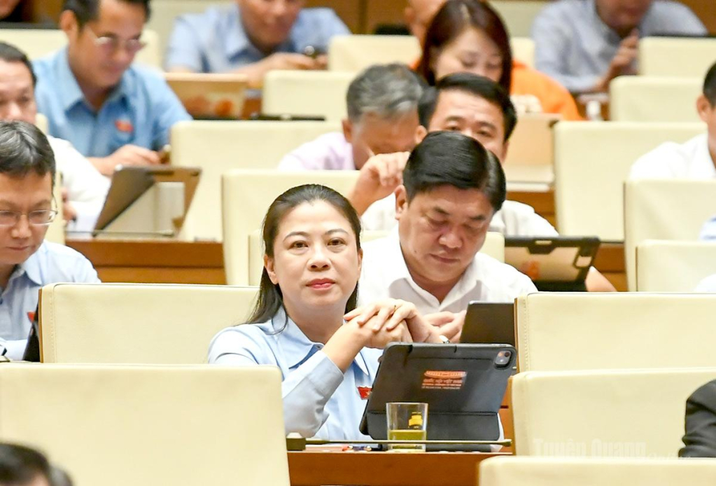 Đồng chí Lê Thị Kim Dung, Phó Bí thư Thường trực Tỉnh ủy, Trưởng đoàn ĐBQH tỉnh Tuyên Quang khóa XVI và đại biểu dự thảo luận tại hội trường..