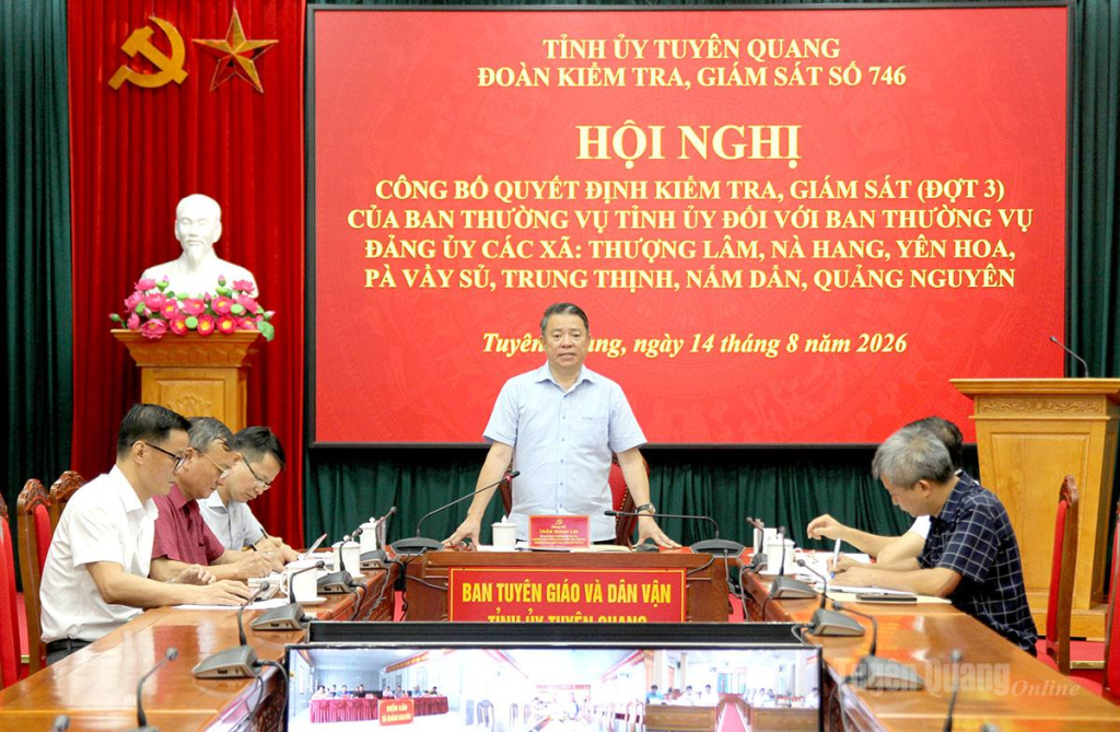 Đồng chí Trần Mạnh Lợi, Trưởng ban Tuyên giáo và Dân vận Tỉnh ủy, Trưởng đoàn kiểm tra, giám sát số 746 phát biểu tại hội nghị.