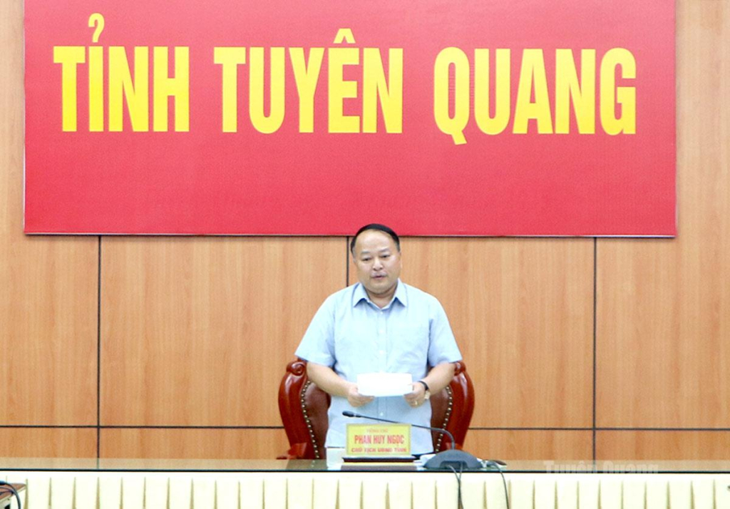 Đồng chí Phan Huy Ngọc, Phó Bí thư Tỉnh ủy, Chủ tịch UBND tỉnh phát biểu tại cuộc họp.