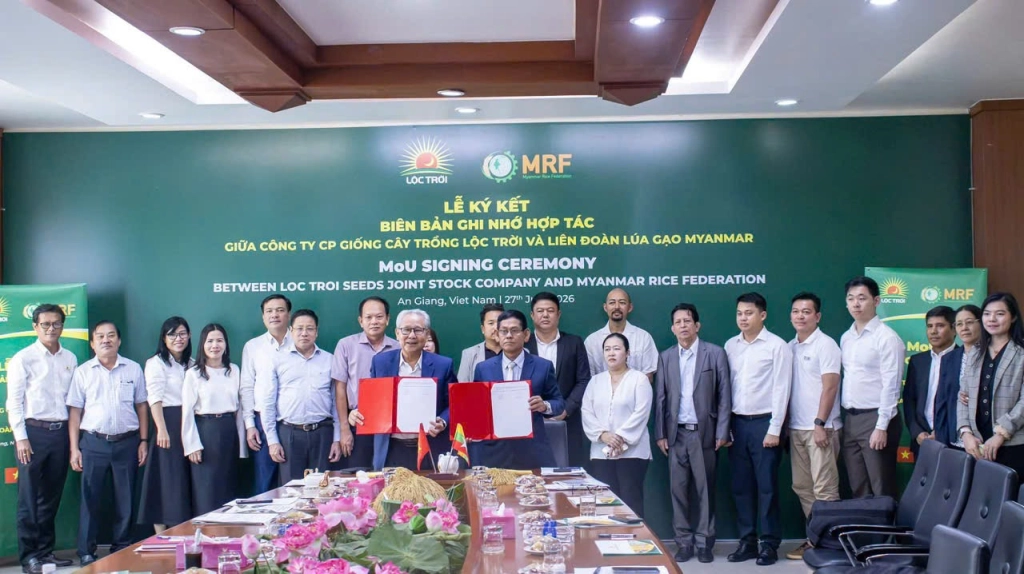 Liên đoàn Lúa gạo Myanmar (MRF) và Tập đoàn Lộc Trời ký kết Biên bản ghi nhớ hợp tác (MOU) ngày 27/7/2026. Ảnh: Tư liệu sự kiện