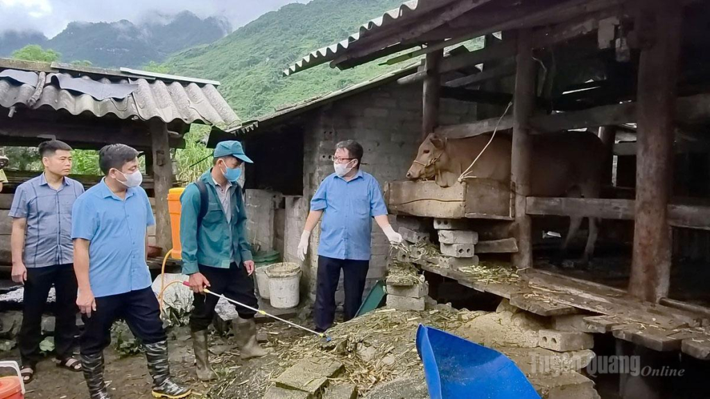 Cán bộ Sở Nông nghiệp và Môi trường kiểm tra tình hình thực tế và hướng dẫn người dân kỹ thuật vệ sinh tiêu độc, khử trùng tại xã Lùng Tám.