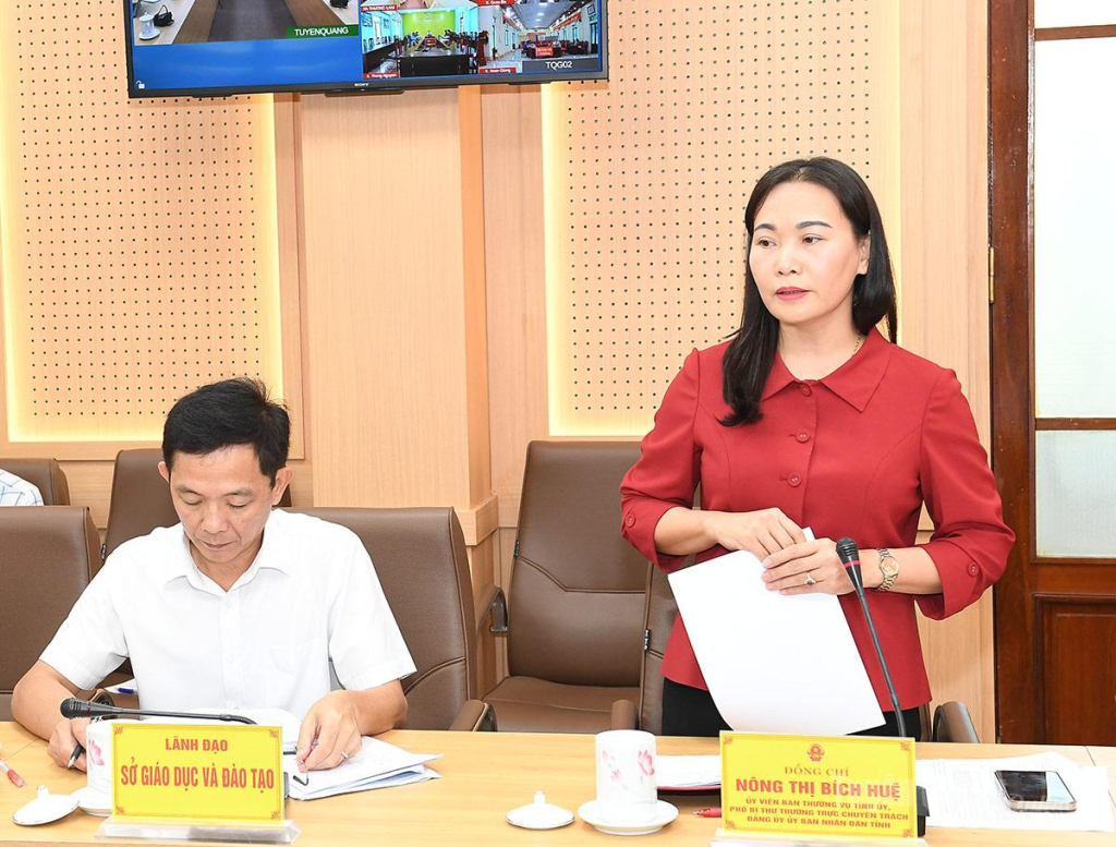 Phó Bí thư Thường trực chuyên trách Đảng ủy UBND tỉnh Nông Thị Bích Huệ thảo luận tại cuộc họp.