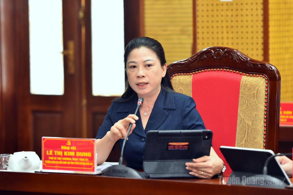 Đồng chí Phó Bí thư Thường trực Tỉnh ủy Lê Thị Kim Dung phát biểu tại cuộc họp.