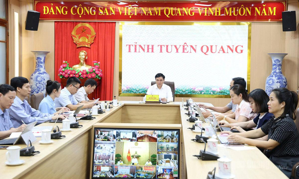 Đồng chí Phó Chủ tịch UBND tỉnh Đỗ Anh Tuấn và các đại biểu dự họp tại điểm cầu tỉnh Tuyên Quang.