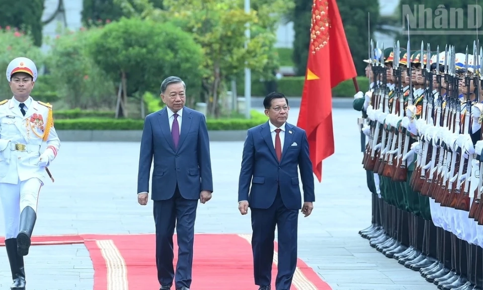 [Ảnh] Tổng B&iacute; thư, Chủ tịch nước T&ocirc; L&acirc;m chủ tr&igrave; lễ đ&oacute;n Tổng thống Myanmar Min Aung Hlaing