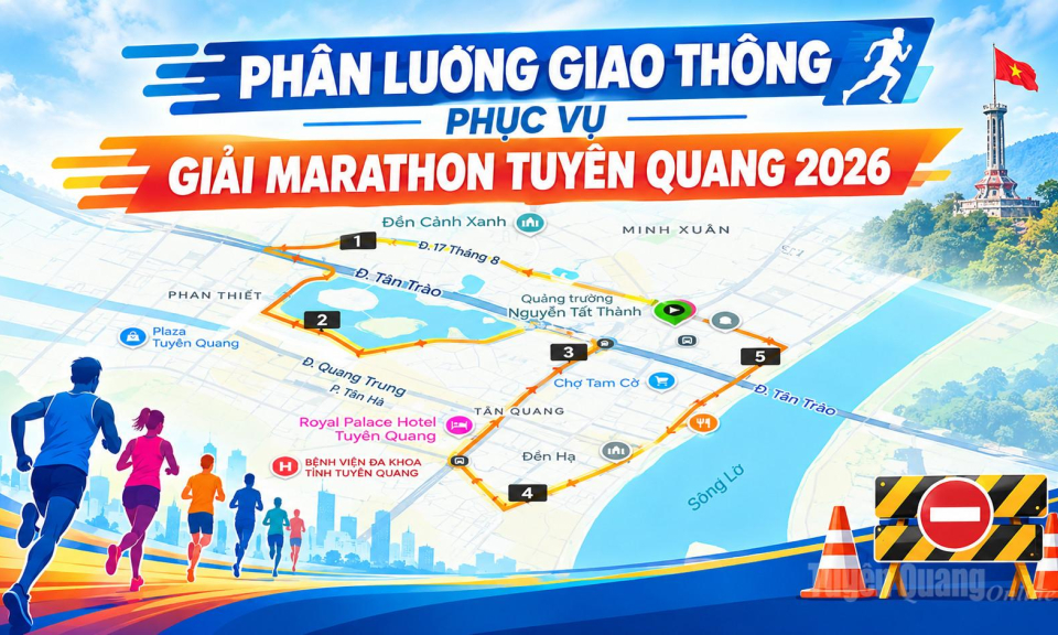 Ph&acirc;n luồng giao th&ocirc;ng phục vụ Giải Marathon Tuy&ecirc;n Quang 2026