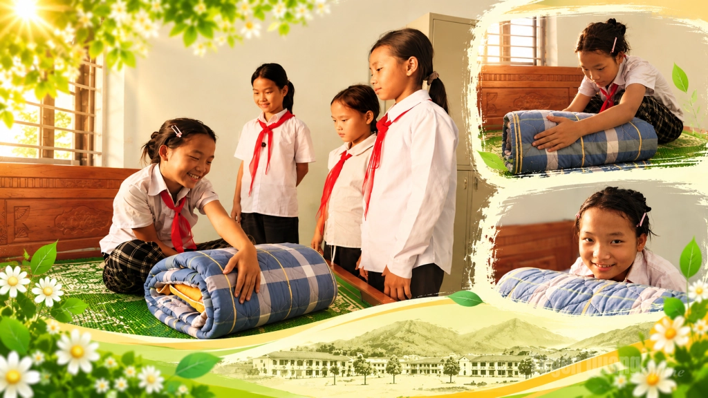 Em Vàng Thị Yến, lớp 5A hướng dẫn các em nhỏ cách gấp chăn.