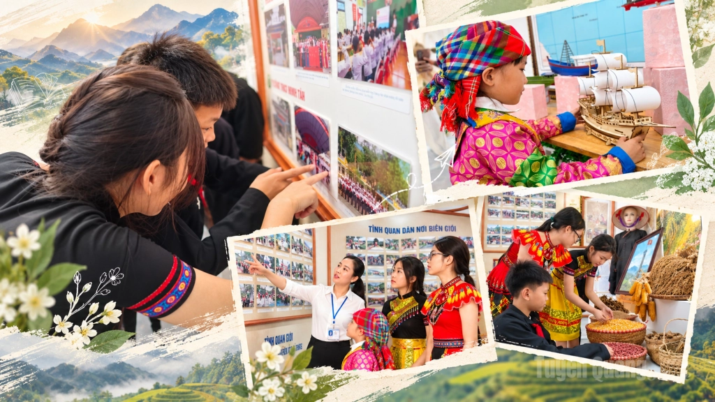 Không gian trưng bày truyền thống giúp các em học sinh tìm hiểu lịch sử, bồi đắp tình yêu quê hương và tình đoàn kết quân dân nơi biên cương.