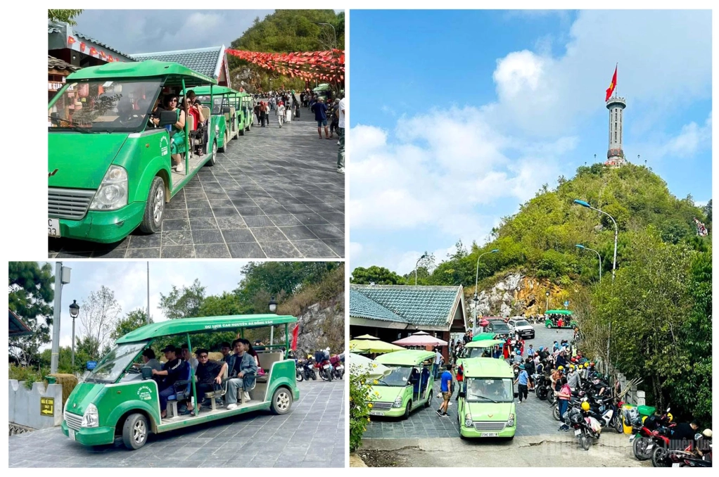 Xe điện đưa du khách tham quan Cột cờ Quốc gia Lũng Cú, góp phần tạo nên hành trình trải nghiệm xanh, thuận tiện và thân thiện với môi trường.