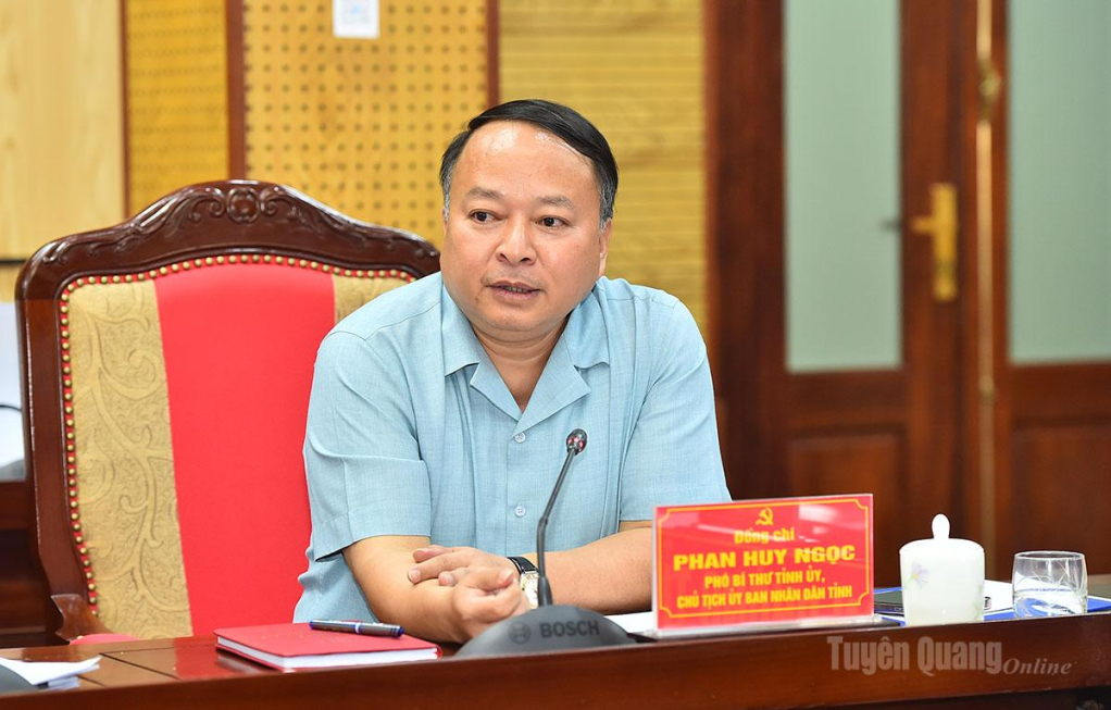 Đồng chí Phan Huy Ngọc, Chủ tịch UBND tỉnh phát biểu tại hội nghị.