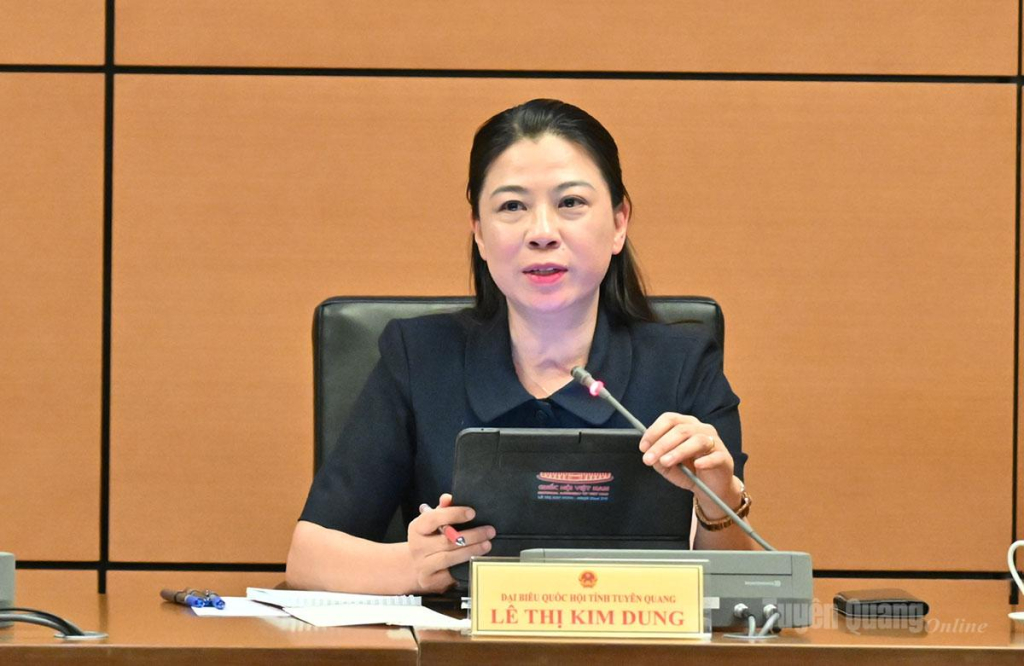 Đồng chí Lê Thị Kim Dung, Phó Bí thư Thường trực Tỉnh ủy, Trưởng đoàn ĐBQH tỉnh Tuyên Quang khóa XVI phát biểu ý kiến.