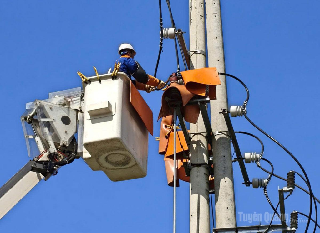 Đội Hotline Công ty Điện lực Tuyên Quang thực hiện đấu nối đường dây 22kV cho khách hàng bằng phương pháp hotline.